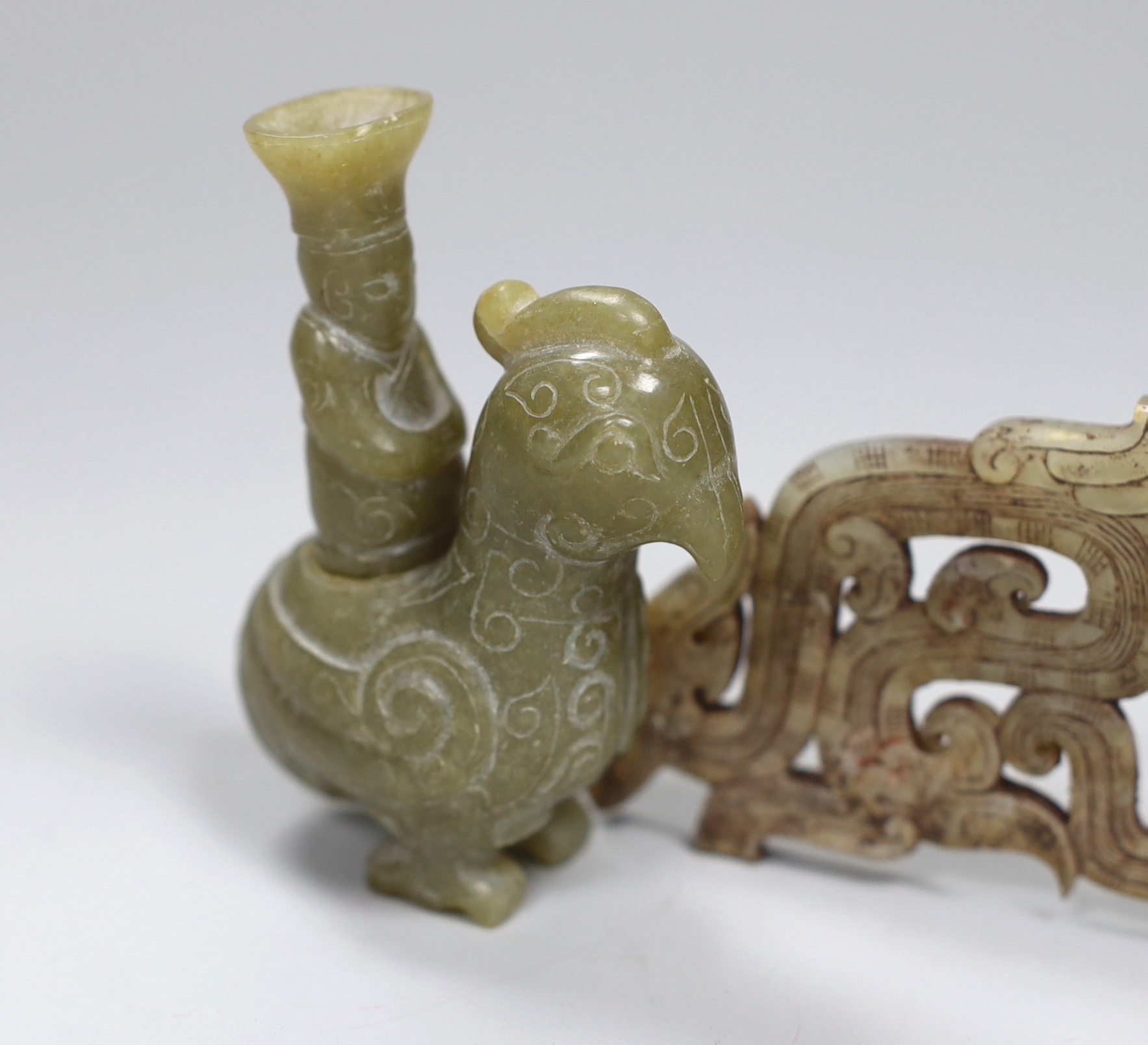 A Chinese archaistic jade plaque and an archaistic jade two figure group, plaque 13.4cm